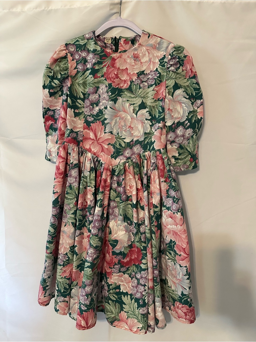 Vintage handmade Girls' Floral Green & Pink Long-Sleeve Party Dress
